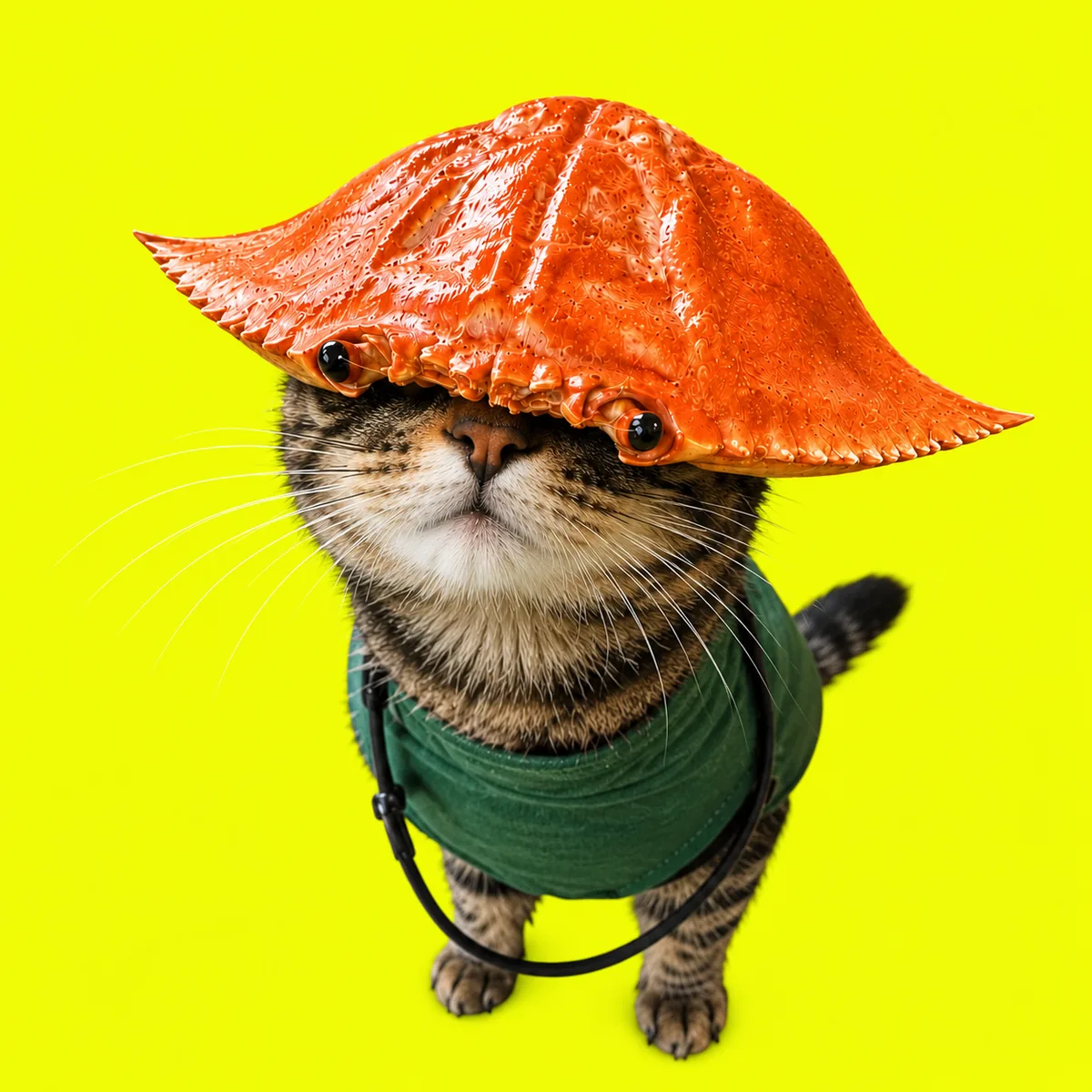 A cat wearing a crab hat